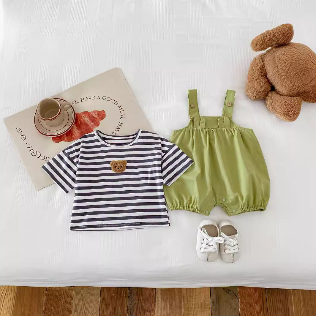 Cute Loose Bear Stripe Short Sleeve T-Shirt for Babies and Toddlers, Unisex Casual Round Neck Basic Top