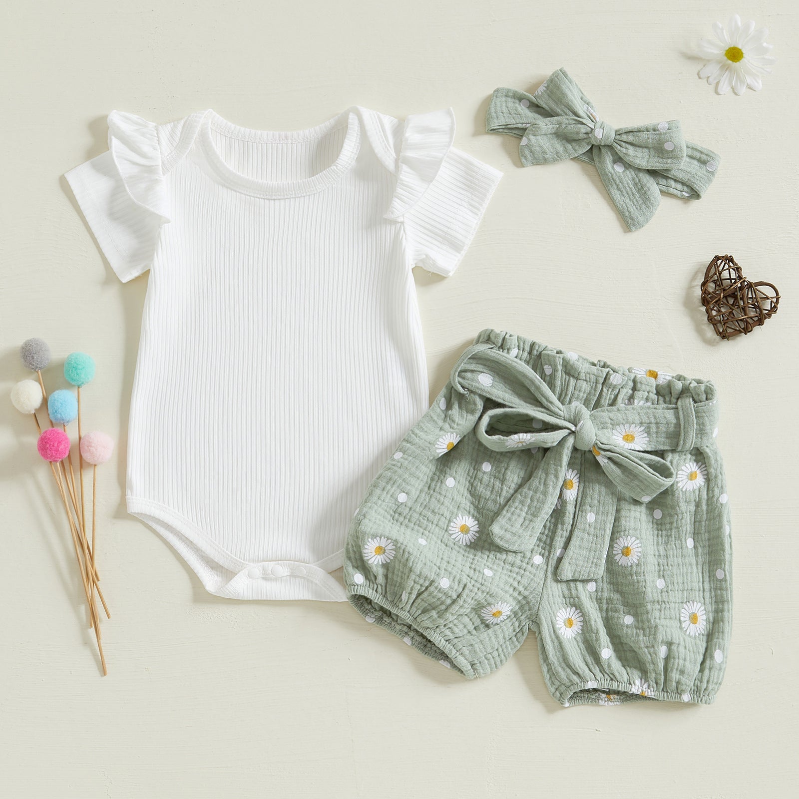 Cute Stripe Sleeveless Romper + Flower Print Shorts &amp; Hair Tie Set for Toddlers and Babies