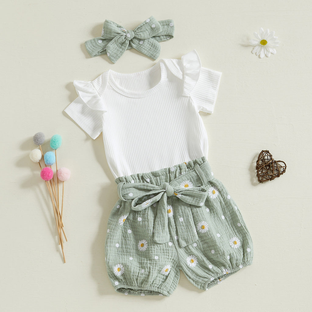 Cute Stripe Sleeveless Romper + Flower Print Shorts &amp; Hair Tie Set for Toddlers and Babies