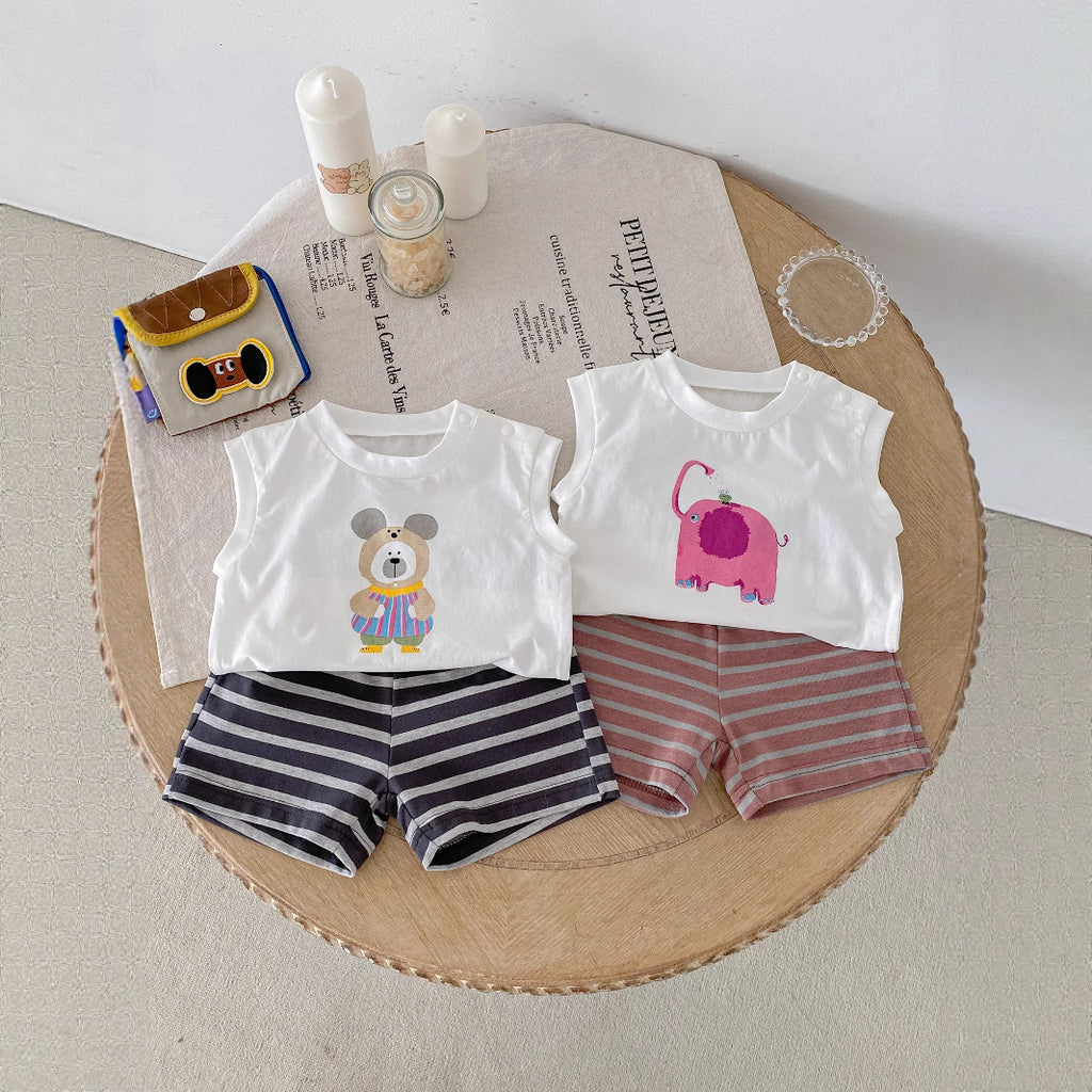 Cartoon Print Short Sleeve ampShorts Set, Lightweight Summer T-Shirt for Kids, Unisex Children's Clothing