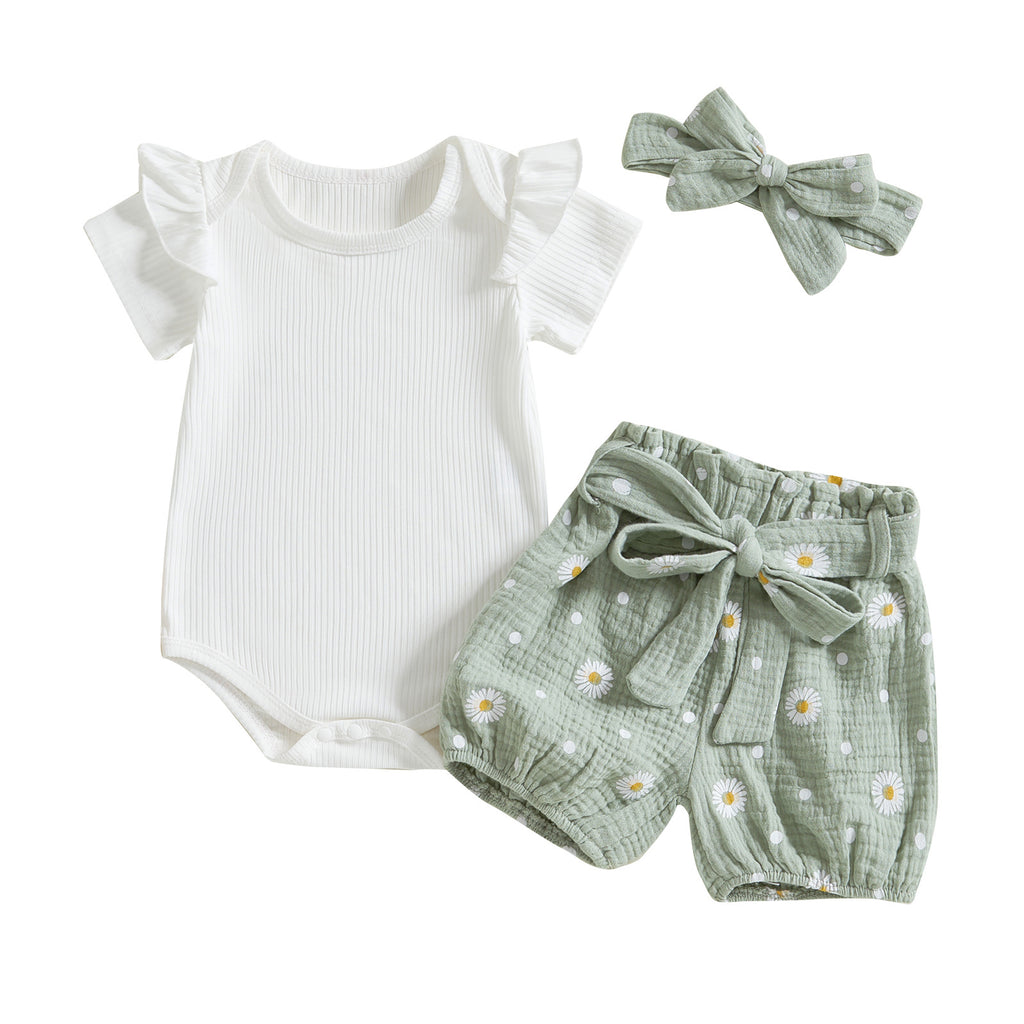 Cute Stripe Sleeveless Romper + Flower Print Shorts &amp; Hair Tie Set for Toddlers and Babies
