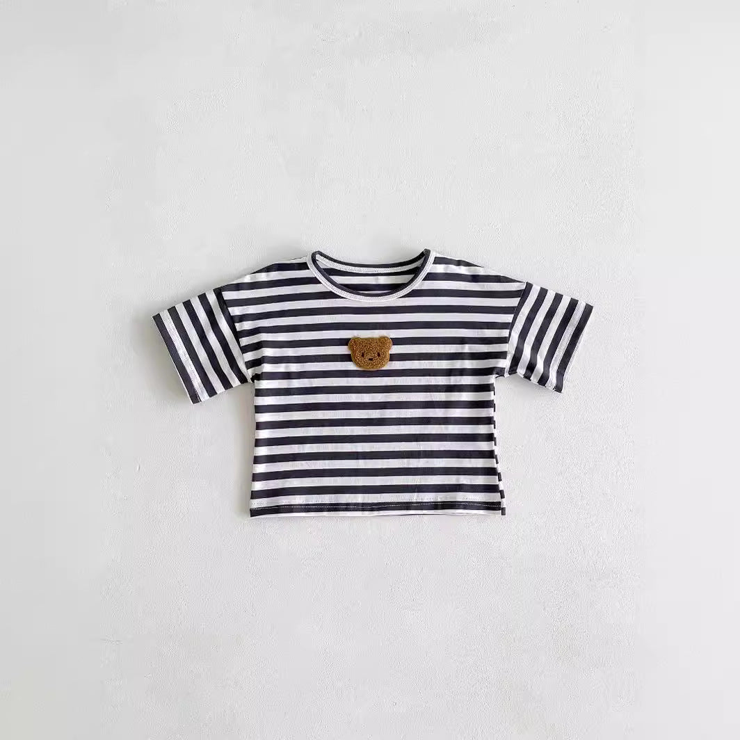 Cute Loose Bear Stripe Short Sleeve T-Shirt for Babies and Toddlers, Unisex Casual Round Neck Basic Top