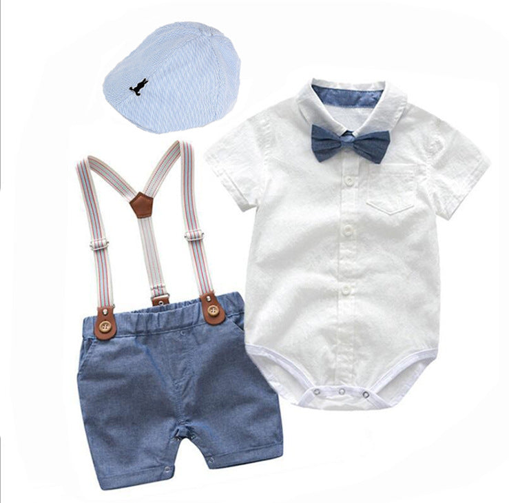 Gentleman Baby Boy Outfit Set with Short Sleeve, Shorts and Hat - Summer Kids Clothing for Boys