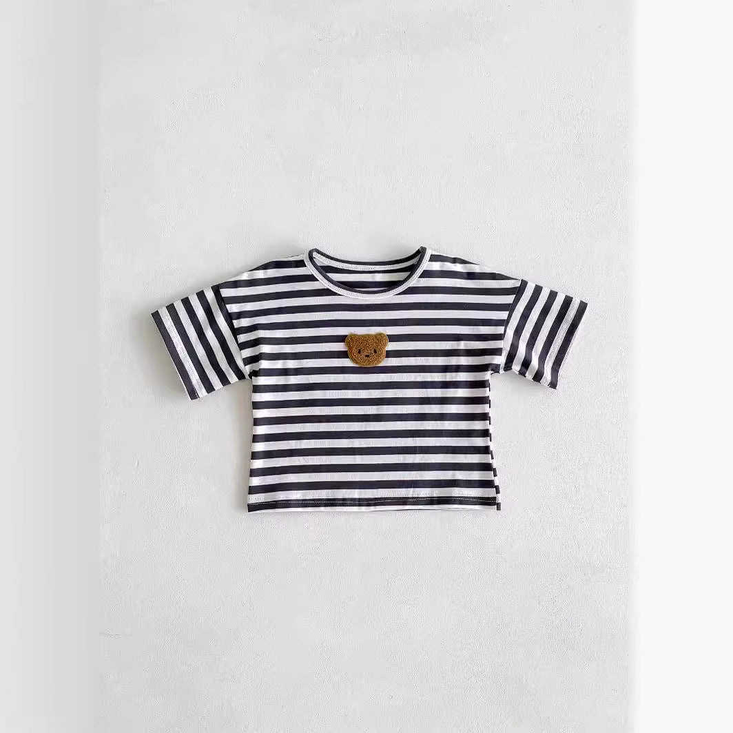 Cute Loose Bear Stripe Short Sleeve T-Shirt for Babies and Toddlers, Unisex Casual Round Neck Basic Top