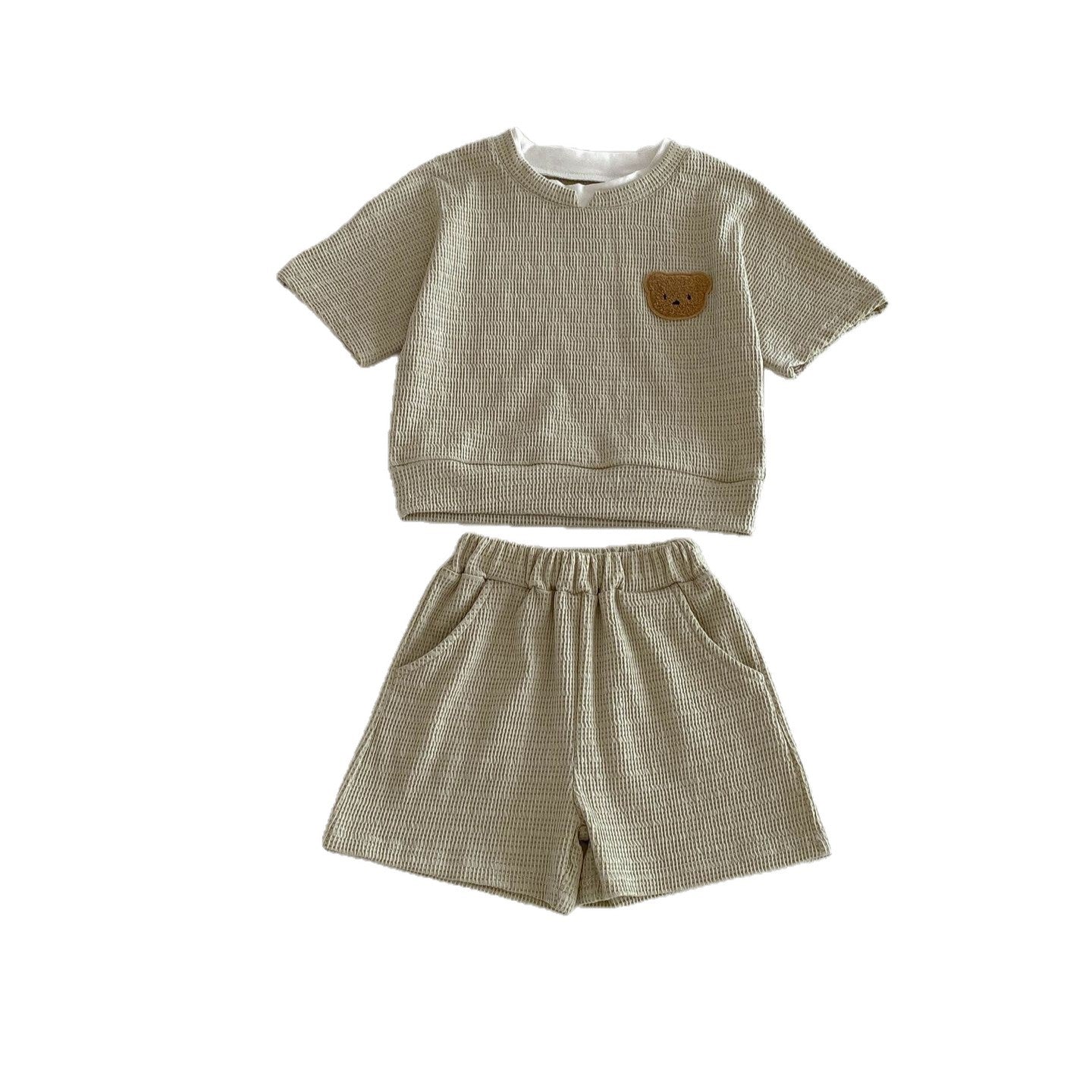 Baby Waffle Knit Bear Short Sleeve Outfit 2-Piece Set, Lightweight Summer Casual Clothing for Toddlers and Kids