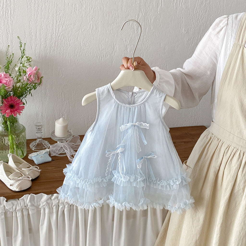 Cute Sleeveless Mesh Dress for Toddlers and Babies, Butterfly Bow Princess Dress, Fashionable Baby Girl's Dress