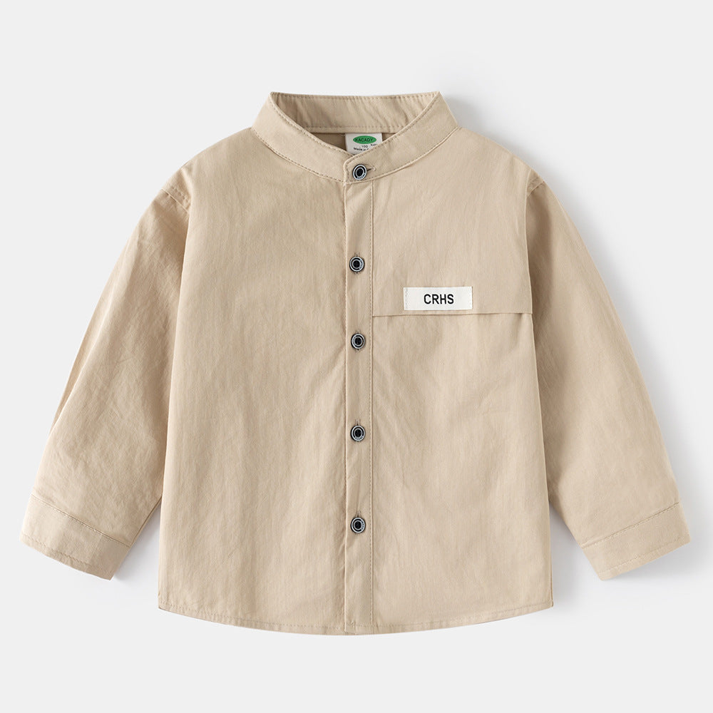 Boy's Long Sleeve Shirt, Autumn and Spring New Style, Children's Standing Collar Shirt, Middle and Large Size Kids Clothing