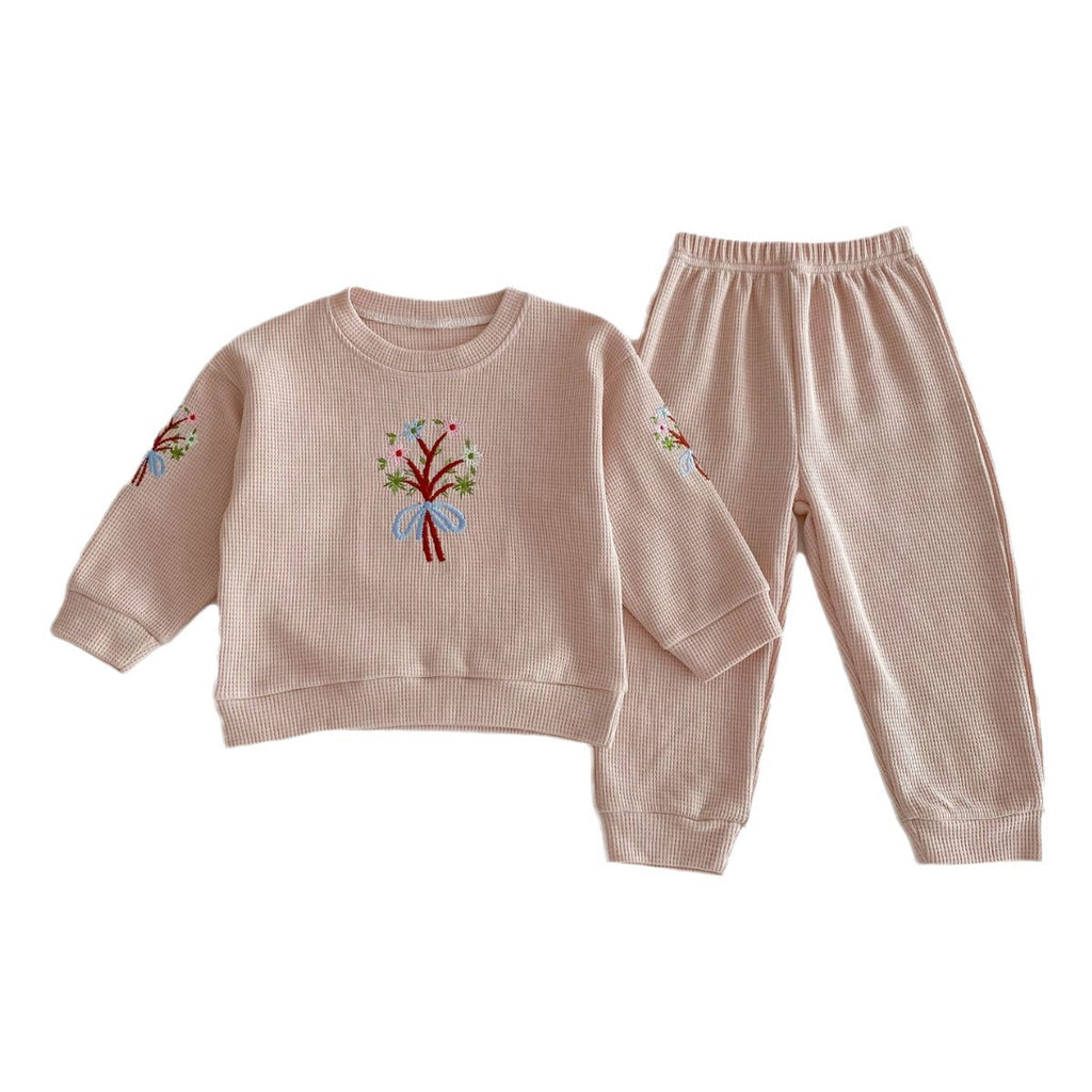 Spring New Children's Clothing Girls Embroidered Set Kids Waffle Knit Casual Two-Piece Set Baby Cute Top