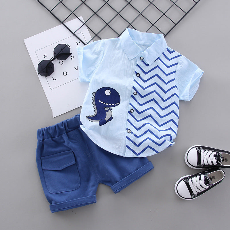 Cross-border Kids' Clothing Wholesale Summer New Arrival Flip Collar Shirt with Dinosaur Print and Cargo Shorts Set in Stock