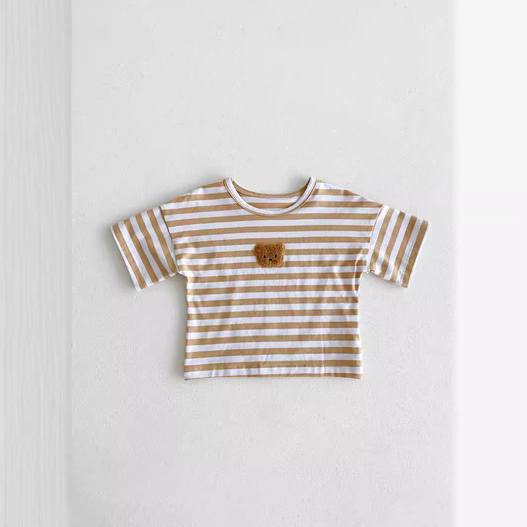 Cute Loose Bear Stripe Short Sleeve T-Shirt for Babies and Toddlers, Unisex Casual Round Neck Basic Top