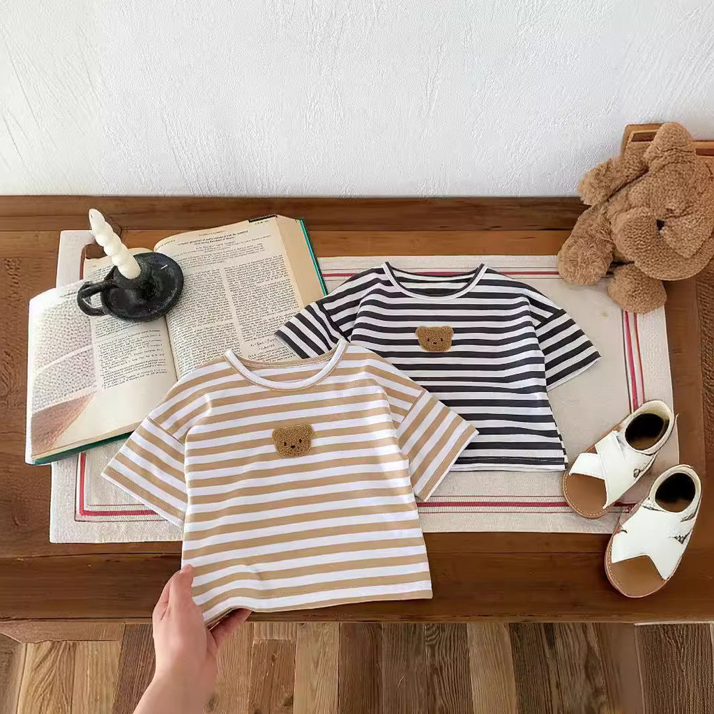 Cute Loose Bear Stripe Short Sleeve T-Shirt for Babies and Toddlers, Unisex Casual Round Neck Basic Top