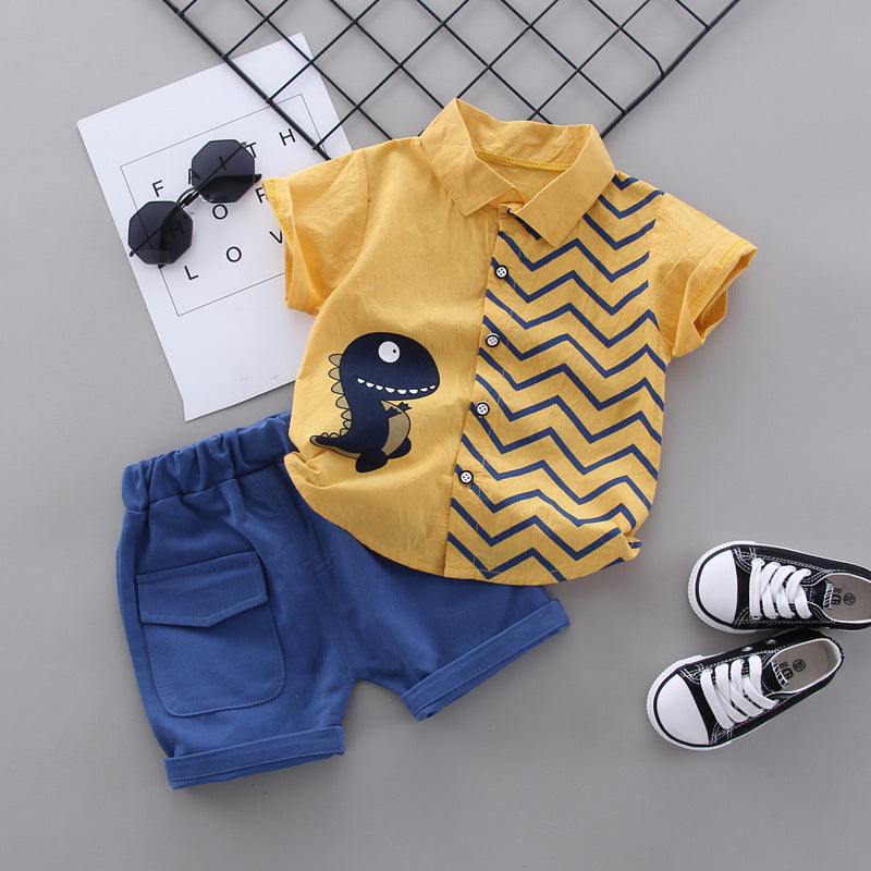 Cross-border Kids' Clothing Wholesale Summer New Arrival Flip Collar Shirt with Dinosaur Print and Cargo Shorts Set in Stock