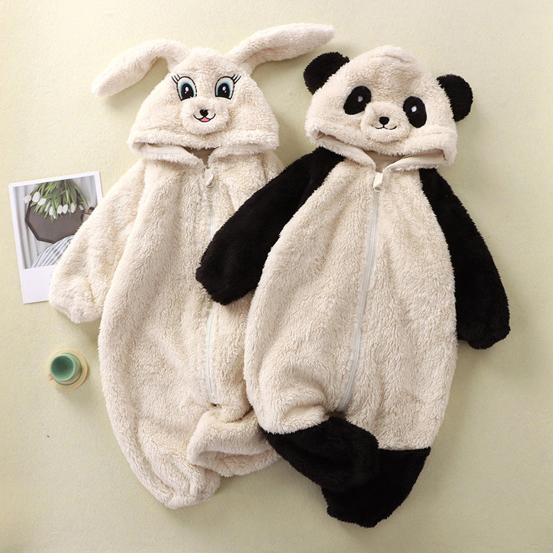 Cute Cartoon Rabbit and Panda Plush Bodysuit for Babies and Toddlers, Warm and Comfortable One-Piece Outfit, Soft Baby Sleepwear and Home Wear