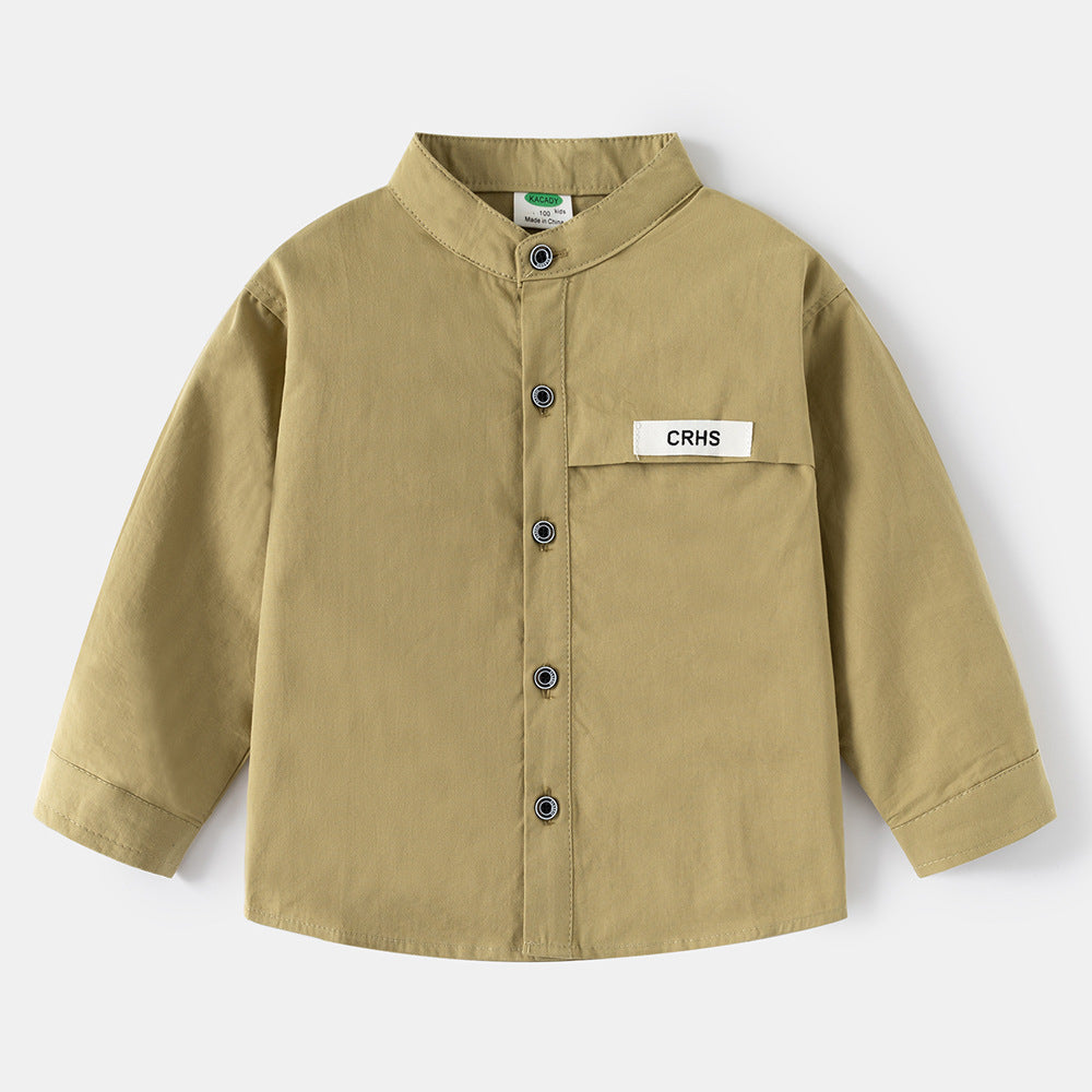 Boy's Long Sleeve Shirt, Autumn and Spring New Style, Children's Standing Collar Shirt, Middle and Large Size Kids Clothing
