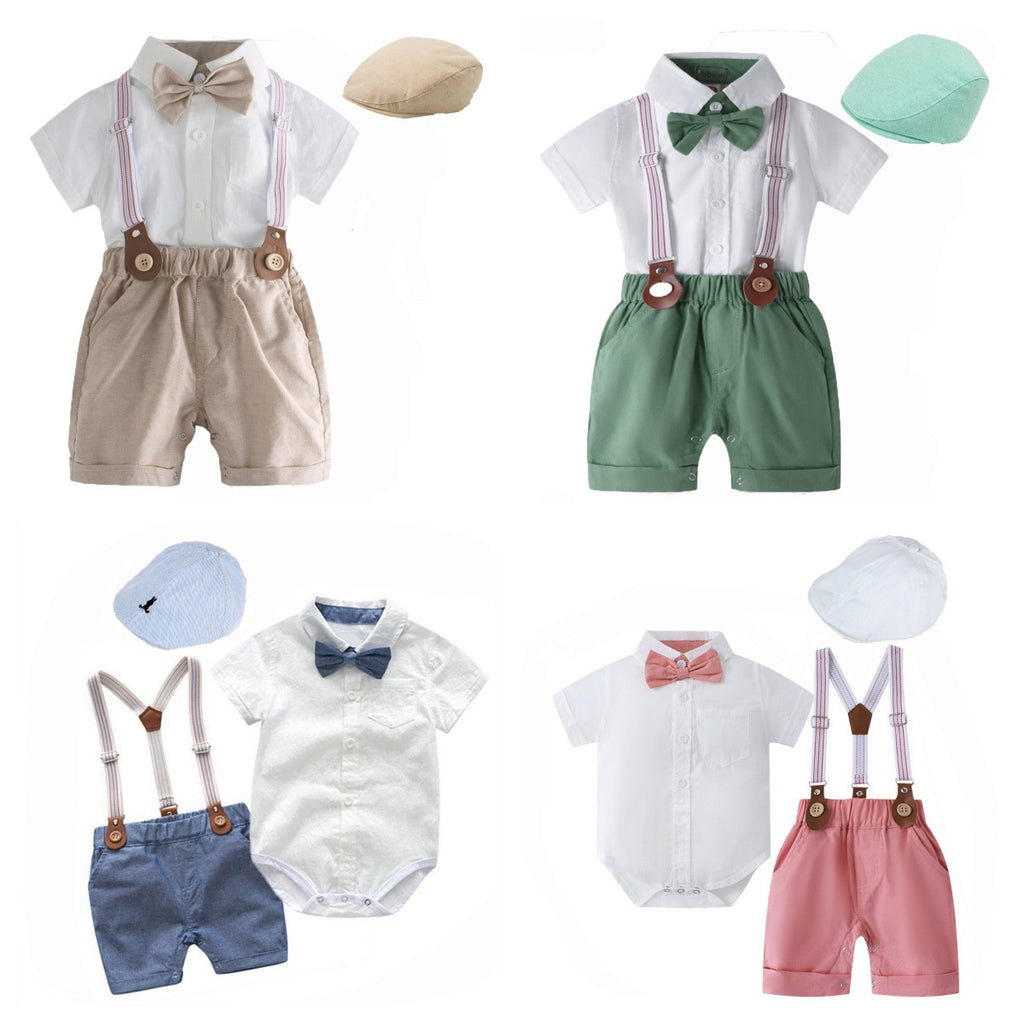 Gentleman Baby Boy Outfit Set with Short Sleeve, Shorts and Hat - Summer Kids Clothing for Boys