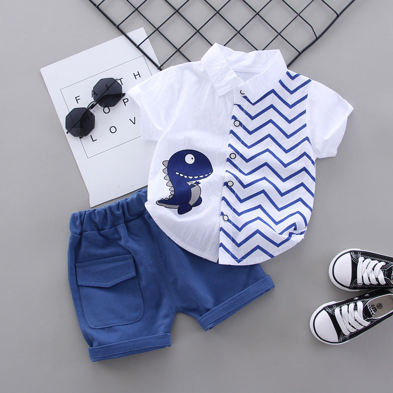 Cross-border Kids' Clothing Wholesale Summer New Arrival Flip Collar Shirt with Dinosaur Print and Cargo Shorts Set in Stock