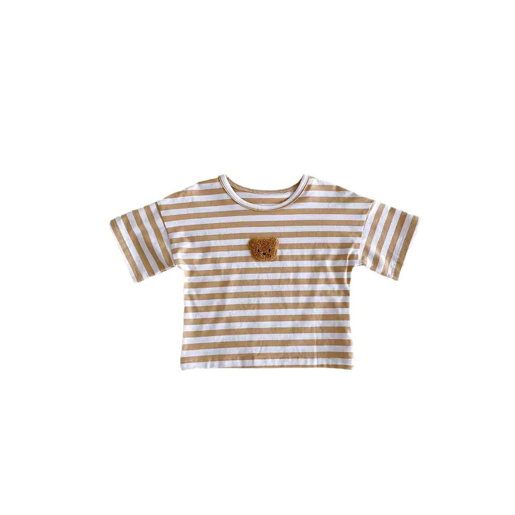Cute Loose Bear Stripe Short Sleeve T-Shirt for Babies and Toddlers, Unisex Casual Round Neck Basic Top