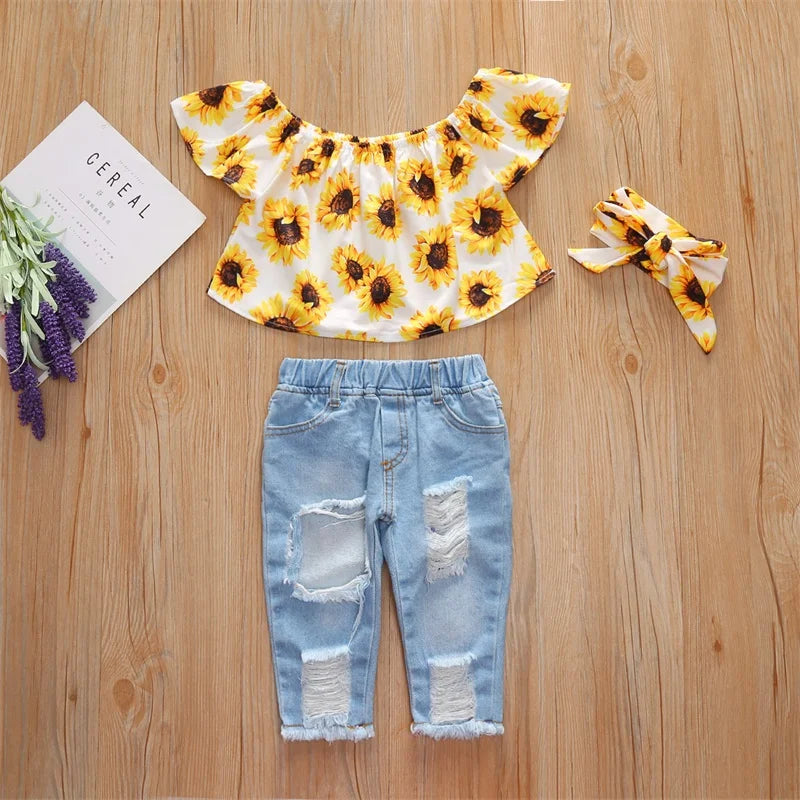 Großhandel Sonnenblumen-Volantärmel trägerlos Kinder Mädchen Zweiteiliges Crop Top Jeans Hose Set Baby Kleidung Outfit