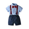 Two Pieces Baby Boys Gentleman Plain Bow Tie Short Sleeve Shorts Summer Baby Clothing Set Kids Boutique Clothing Set
