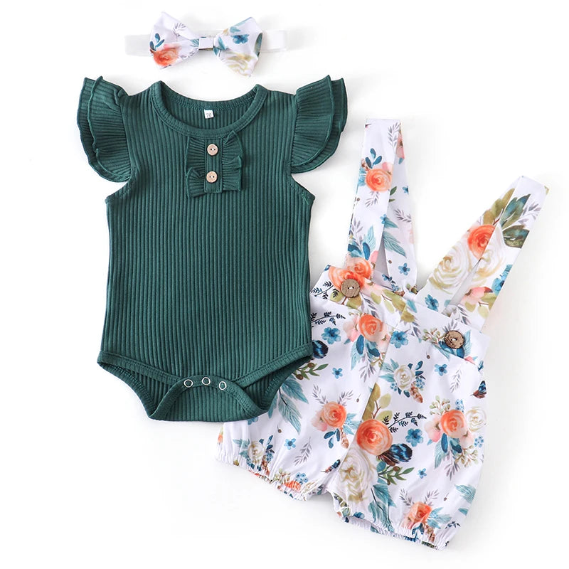 Ropa de bebé recién nacida niña verano, conjunto de 3 piezas, moda sin mangas, mameluco de color sólido, monos casuales, diadema, ropa para bebé