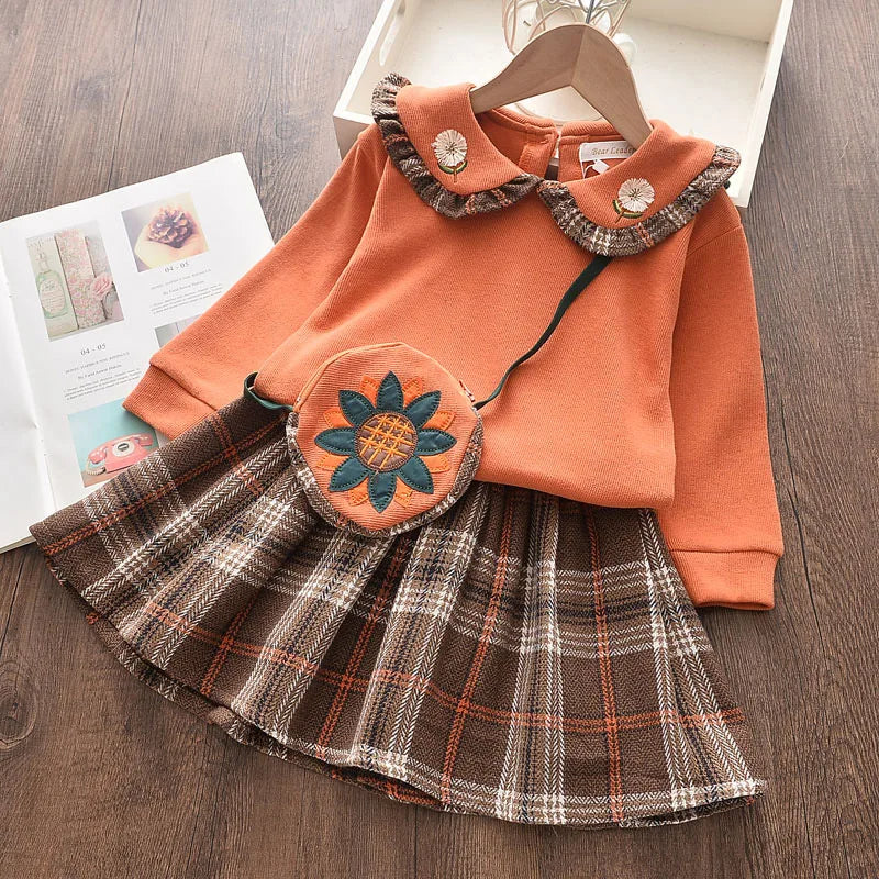 Herbst Baby Kleidung Sets Mädchen Langarm Pullover Peter-Pan-Kragen + karierter Rock 2-teiliges Kleid Set Herbst Kleinkind Kleidung Mädchen