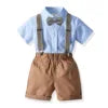 Two Pieces Baby Boys Gentleman Plain Bow Tie Short Sleeve Shorts Summer Baby Clothing Set Kids Boutique Clothing Set