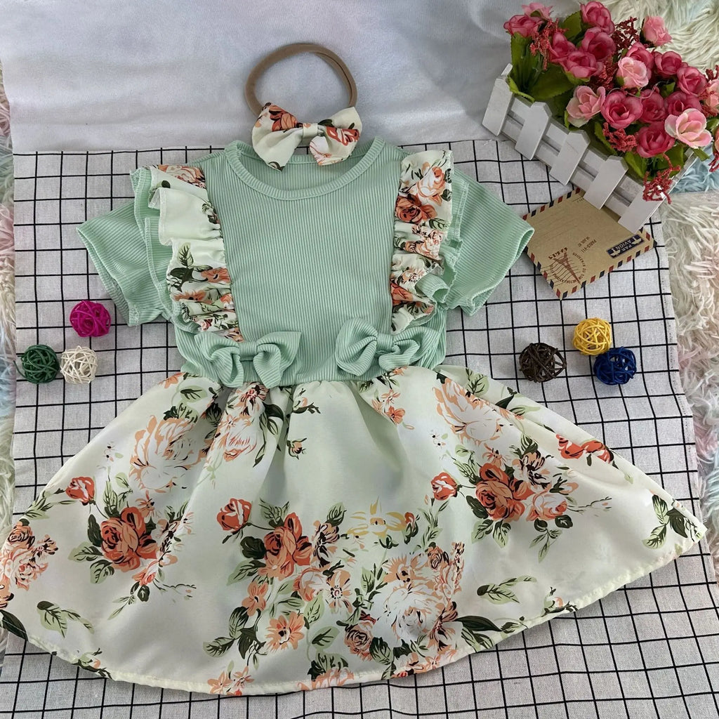 Conjunto de vestido y pelele de algodón orgánico con estampado floral casual de verano para bebés y niñas con manga corta.