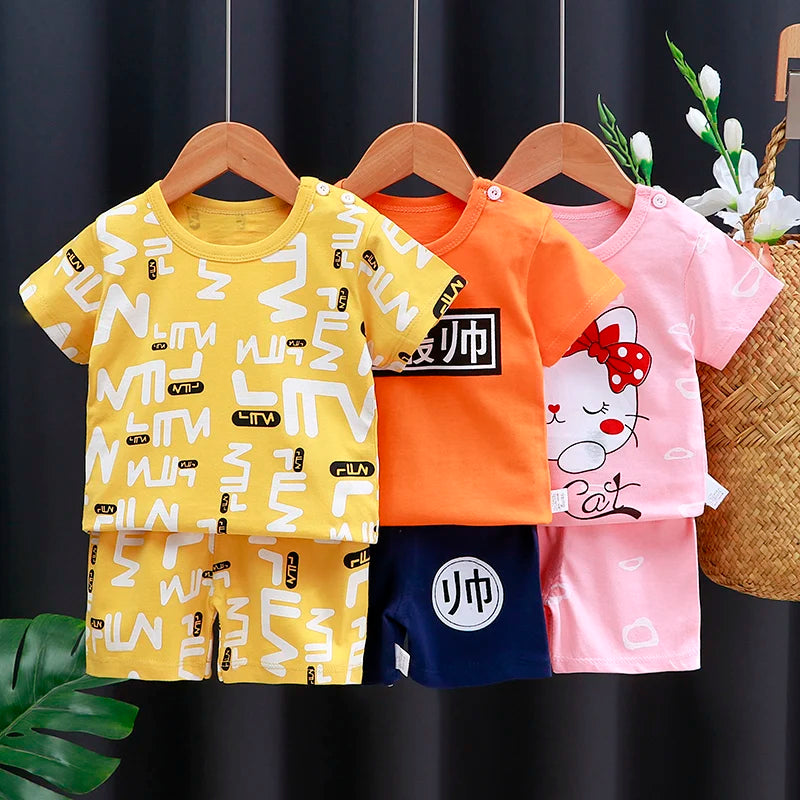 Conjunto de ropa para niños Bebé Niño/Niña Camiseta + Pantalones cortos Ropa de verano Algodón Dibujos animados Chándal casual para niños Conjunto de ropa para bebés