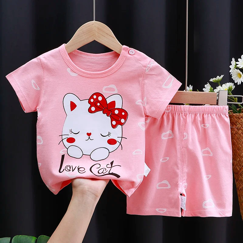 Conjunto de ropa para niños Bebé Niño/Niña Camiseta + Pantalones cortos Ropa de verano Algodón Dibujos animados Chándal casual para niños Conjunto de ropa para bebés
