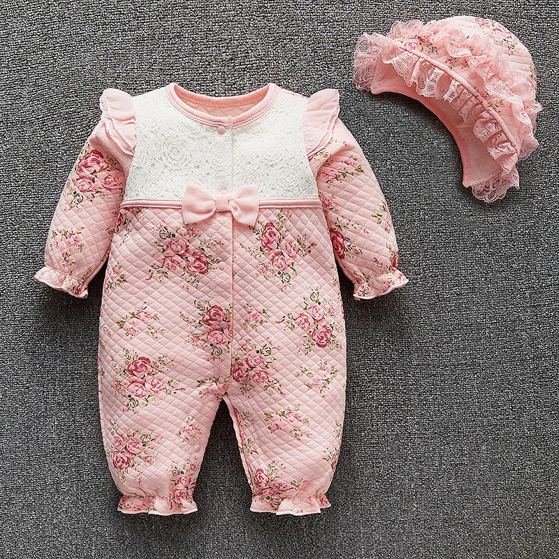 Winter Newborn Baby Girl Clothes Thicken Floral Princess Jumpsuit Clothing Sets Boys Bodysuit+ Hats