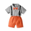 Two Pieces Baby Boys Gentleman Plain Bow Tie Short Sleeve Shorts Summer Baby Clothing Set Kids Boutique Clothing Set