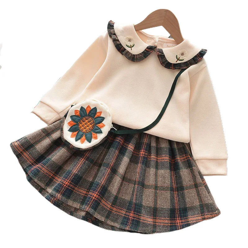 Herbst Baby Kleidung Sets Mädchen Langarm Pullover Peter-Pan-Kragen + karierter Rock 2-teiliges Kleid Set Herbst Kleinkind Kleidung Mädchen