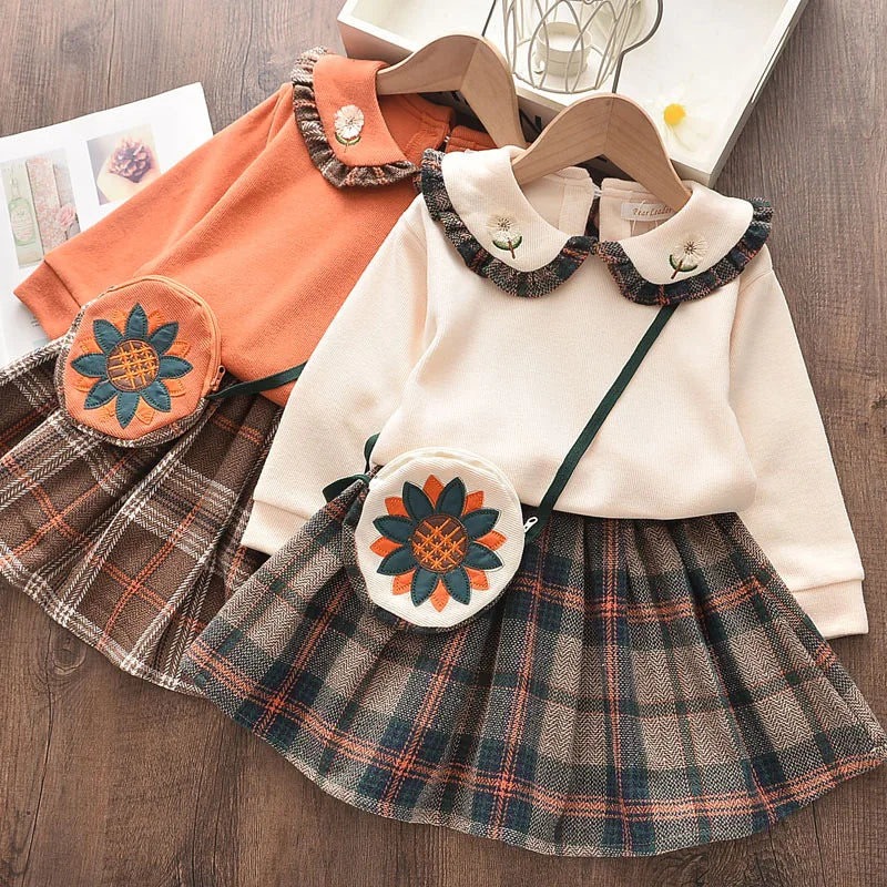 Herbst Baby Kleidung Sets Mädchen Langarm Pullover Peter-Pan-Kragen + karierter Rock 2-teiliges Kleid Set Herbst Kleinkind Kleidung Mädchen