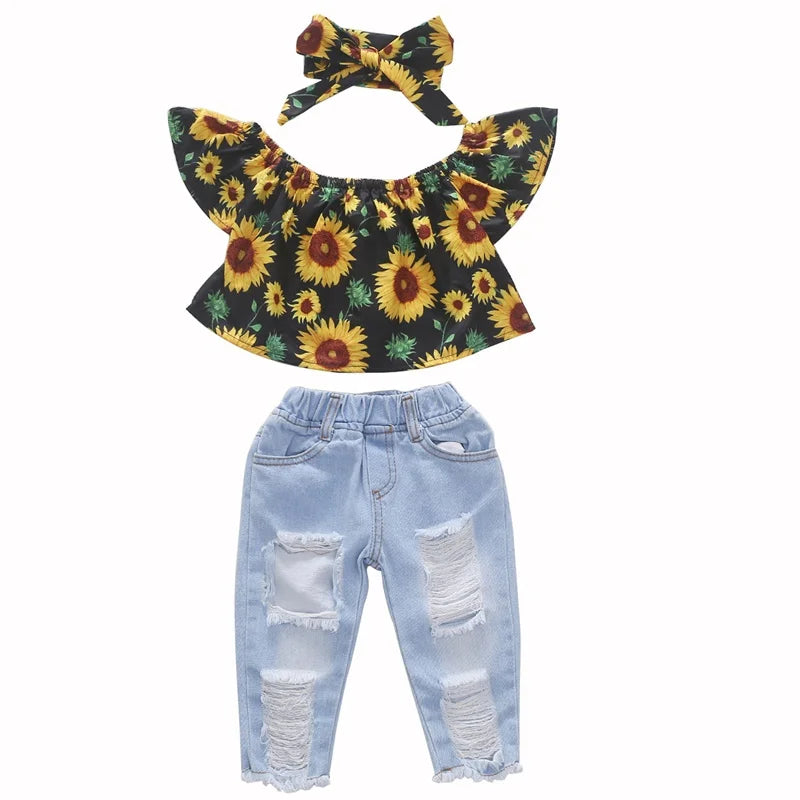 Großhandel Sonnenblumen-Volantärmel trägerlos Kinder Mädchen Zweiteiliges Crop Top Jeans Hose Set Baby Kleidung Outfit