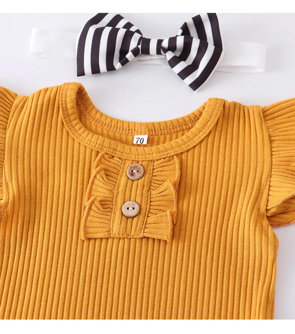 Ropa de bebé recién nacida niña verano, conjunto de 3 piezas, moda sin mangas, mameluco de color sólido, monos casuales, diadema, ropa para bebé