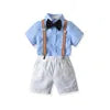 Two Pieces Baby Boys Gentleman Plain Bow Tie Short Sleeve Shorts Summer Baby Clothing Set Kids Boutique Clothing Set
