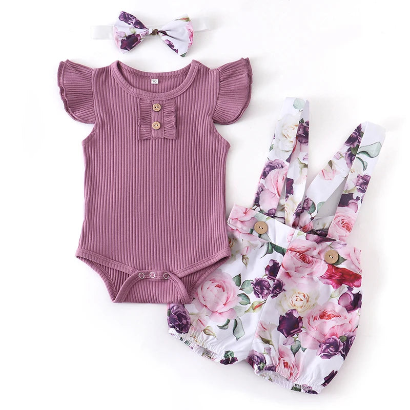 Newborn Baby Girl Clothes Summer 3Pcs Outfit Set Fashion Sleeveless Solid Color Rompers Casual Overalls Headband Infant Clothing