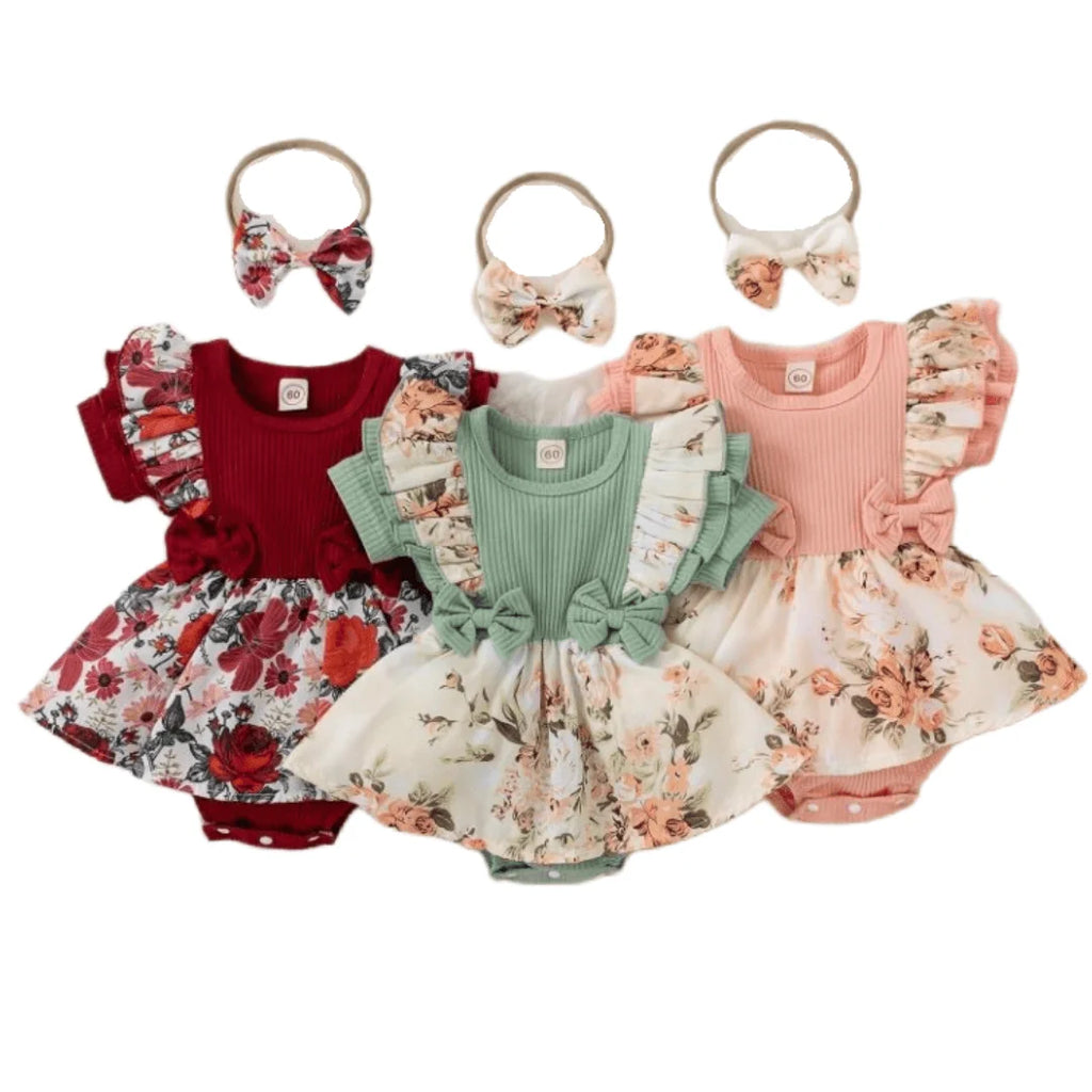 Conjunto de vestido y pelele de algodón orgánico con estampado floral casual de verano para bebés y niñas con manga corta.