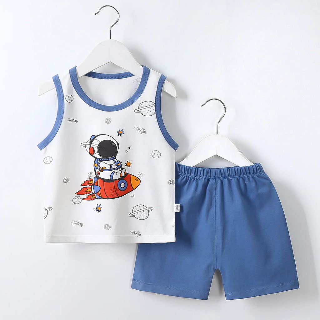 Ready Stock Boy's Summer Sleepwear Breathable Plaid T-Shirts Baby Clothing Sets with Factory Price