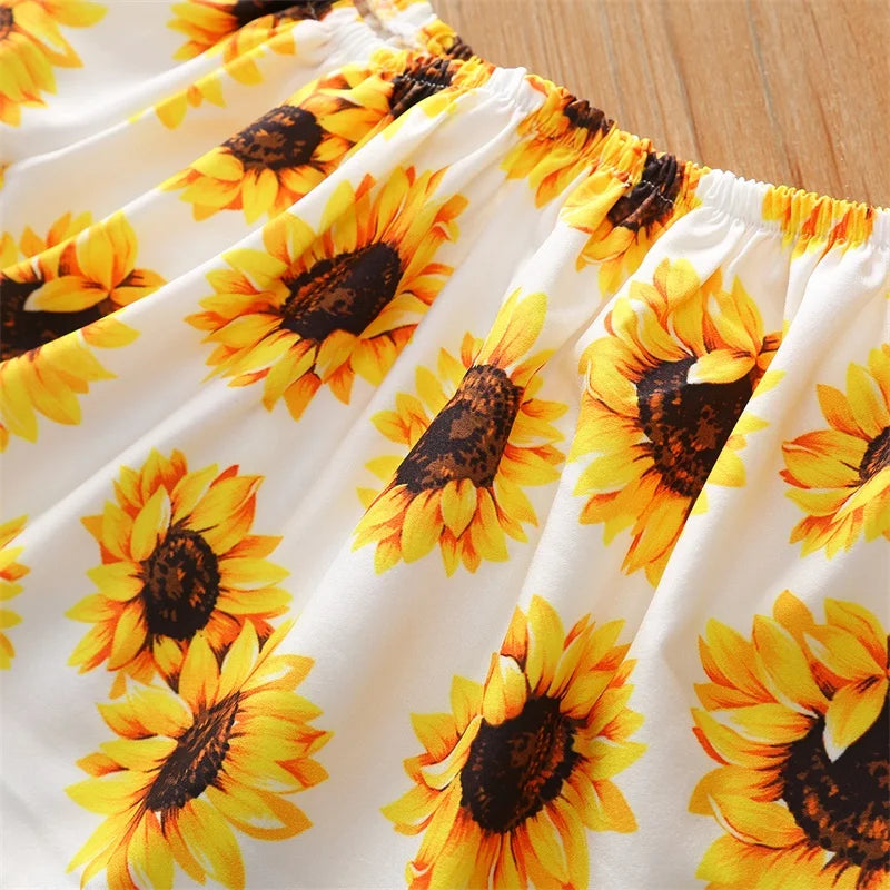 Großhandel Sonnenblumen-Volantärmel trägerlos Kinder Mädchen Zweiteiliges Crop Top Jeans Hose Set Baby Kleidung Outfit