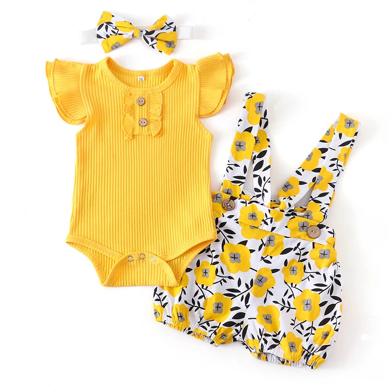 Newborn Baby Girl Clothes Summer 3Pcs Outfit Set Fashion Sleeveless Solid Color Rompers Casual Overalls Headband Infant Clothing