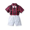 Two Pieces Baby Boys Gentleman Plain Bow Tie Short Sleeve Shorts Summer Baby Clothing Set Kids Boutique Clothing Set