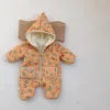 Unisex Winter Baby Clothing New Born Infant Hoodie and Jumpsuit Set with Printed Flower Zipper Closure Romper for Boys Girls
