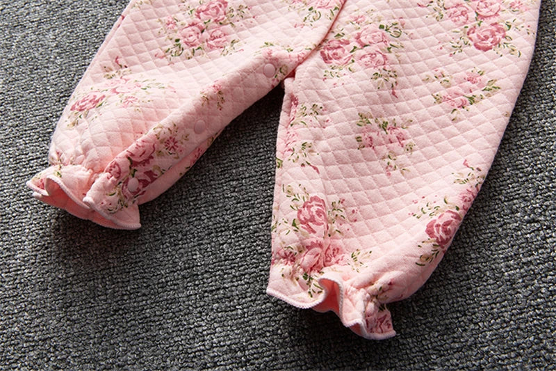 Winter Newborn Baby Girl Clothes Thicken Floral Princess Jumpsuit Clothing Sets Boys Bodysuit+ Hats