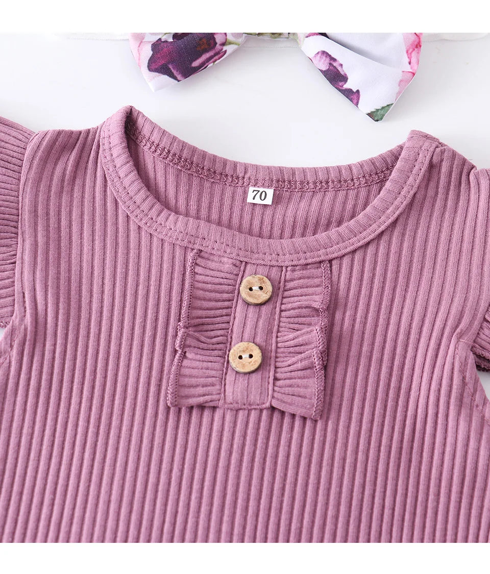Ropa de bebé recién nacida niña verano, conjunto de 3 piezas, moda sin mangas, mameluco de color sólido, monos casuales, diadema, ropa para bebé