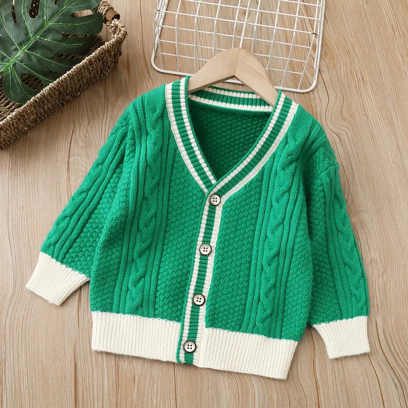 Cárdigan de manga larga para niños tipo boutique, de color liso, tejido de punto, ropa de bebé, suéteres cálidos para niña