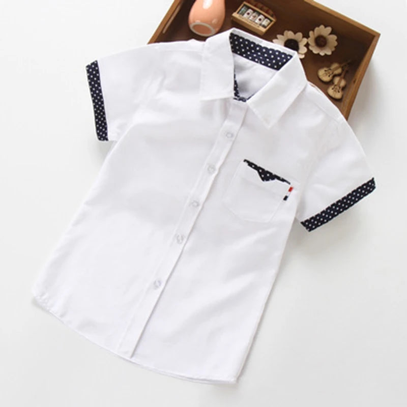 School Boys Shirts Short Sleeve Blouses For Boys Children Clothing Cotton Turn-Down Collar Kids Tops 5 7 9 11 13 15 Years Old