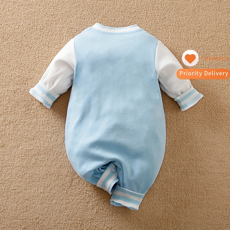 Venta al por mayor, ropa de bebé recién nacido estampada, moda, colores contrastantes, primavera, otoño, mono de bebé de manga larga, uniformes de béisbol.
