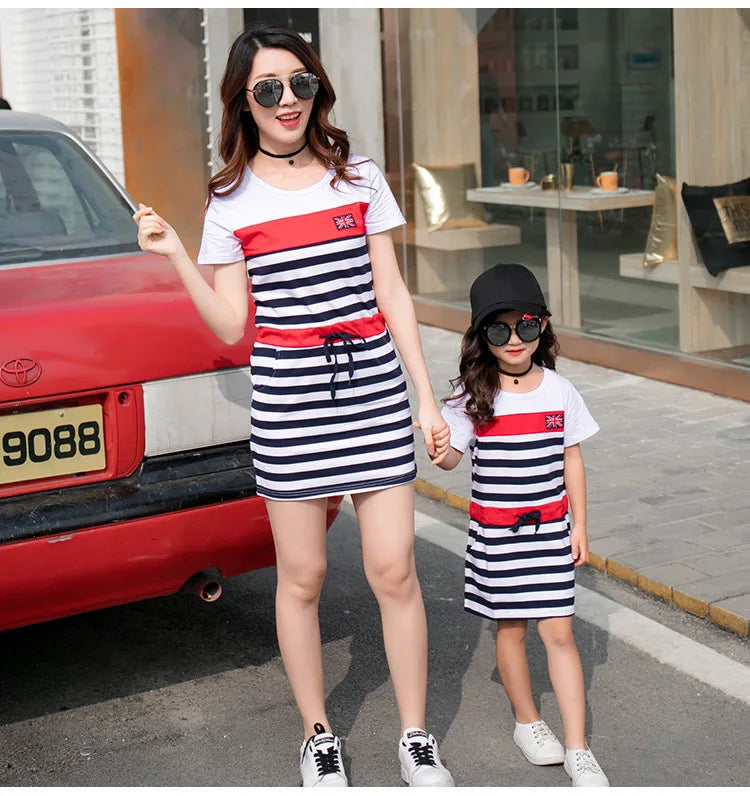 Mommy and Me Dress Family Fashion Summer Set Clothes for Mother  Daughter Stripe Sports Skirt Set Matching Mother Daughter Outfi