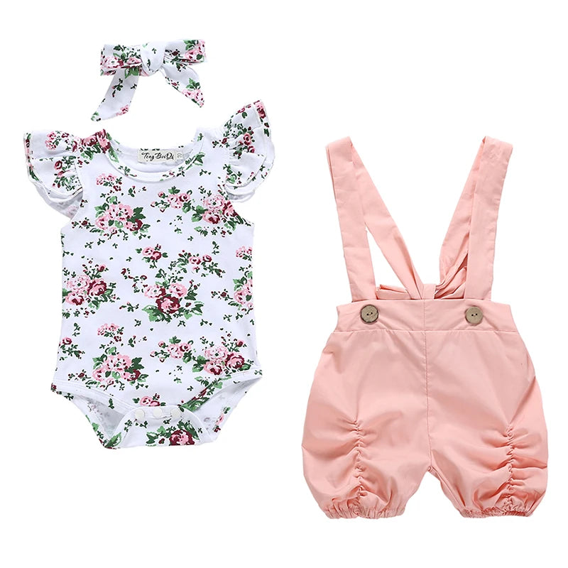 Newborn Baby Girl Clothes Summer 3Pcs Outfit Set Fashion Sleeveless Solid Color Rompers Casual Overalls Headband Infant Clothing